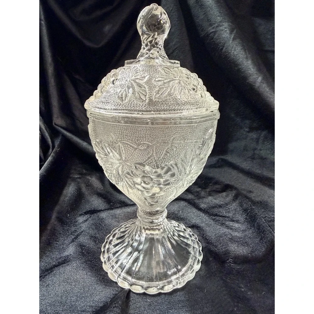 EAPG Clear SANDWICH Glass Lidded Compote On Pedestal‎ w/Grape Design (2611)
